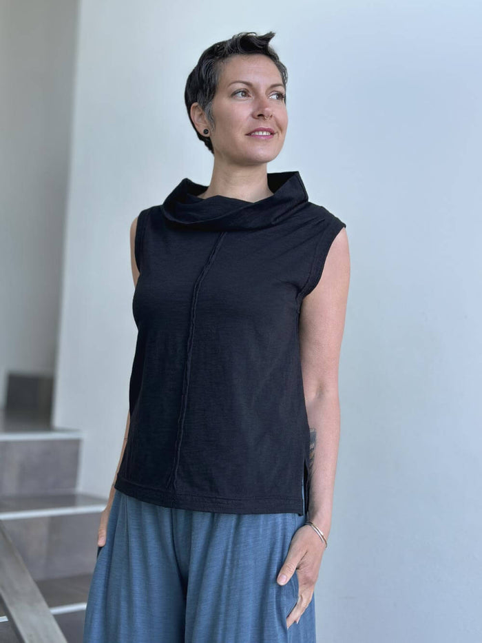 caraucci cotton black cowl neck tank top #color_black