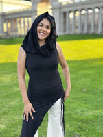 caraucci women's black full length tunic with adjustable side ruching and a loose cowl neck that can be worn as a hood or over the shoulders #color_black