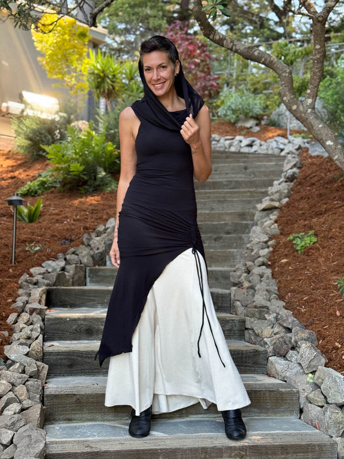 caraucci women's black full length tunic with adjustable side ruching and a loose cowl neck that can be worn as a hood or over the shoulders #color_black