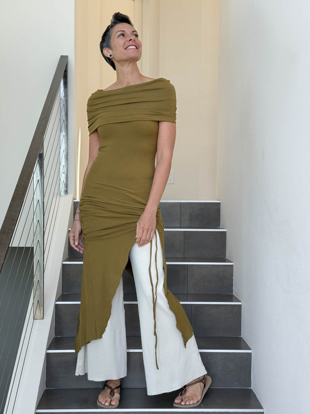caraucci women's brass full length tunic with adjustable side ruching and a loose cowl neck that can be worn as a hood or over the shoulders #color_brass