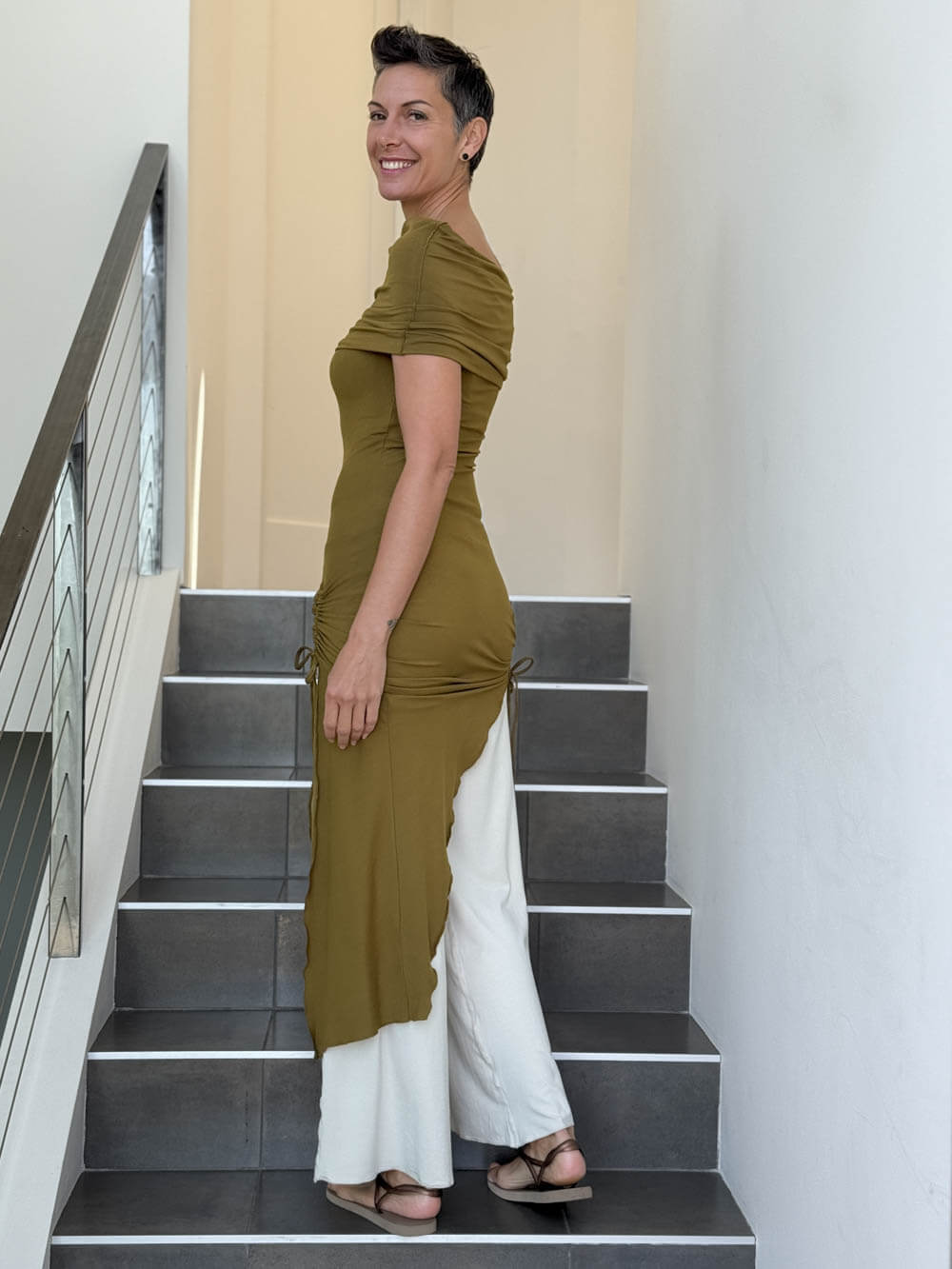 caraucci women's brass full length tunic with adjustable side ruching and a loose cowl neck that can be worn as a hood or over the shoulders #color_brass