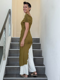 caraucci women's brass full length tunic with adjustable side ruching and a loose cowl neck that can be worn as a hood or over the shoulders #color_brass