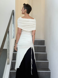 caraucci women's cream full length tunic with adjustable side ruching and a loose cowl neck that can be worn as a hood or over the shoulders #color_cream