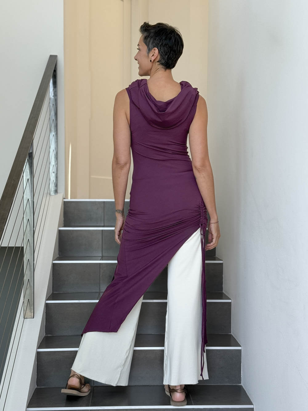 caraucci women's purple full length tunic with adjustable side ruching and a loose cowl neck that can be worn as a hood or over the shoulders #color_jam