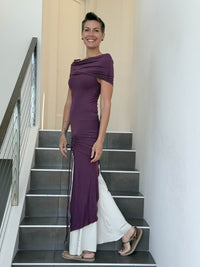 caraucci women's purple full length tunic with adjustable side ruching and a loose cowl neck that can be worn as a hood or over the shoulders #color_jam