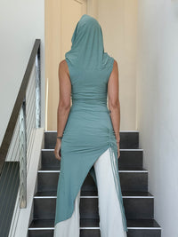 caraucci women's sage green full length tunic with adjustable side ruching and a loose cowl neck that can be worn as a hood or over the shoulders #color_moss