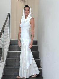 caraucci women's off white full length tunic with adjustable side ruching and a loose cowl neck that can be worn as a hood or over the shoulders #color_off-white