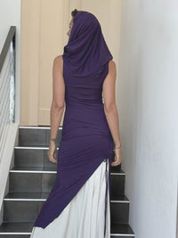 caraucci women's purple full length tunic with adjustable side ruching and a loose cowl neck that can be worn as a hood or over the shoulders #color_plum