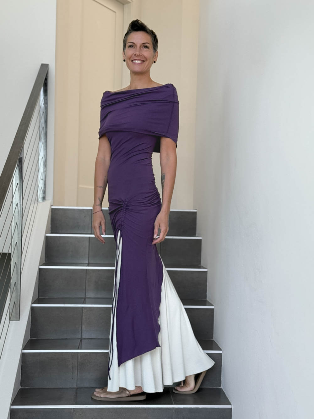 caraucci women's purple full length tunic with adjustable side ruching and a loose cowl neck that can be worn as a hood or over the shoulders #color_plum