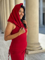 caraucci women's red full length tunic with adjustable side ruching and a loose cowl neck that can be worn as a hood or over the shoulders #color_red