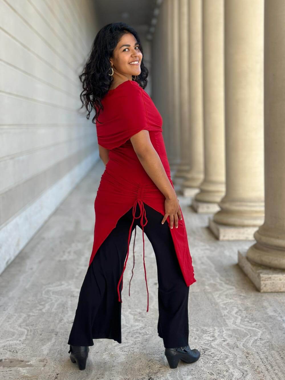 caraucci women's red full length tunic with adjustable side ruching and a loose cowl neck that can be worn as a hood or over the shoulders #color_red