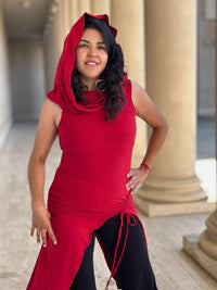 caraucci women's red full length tunic with adjustable side ruching and a loose cowl neck that can be worn as a hood or over the shoulders #color_red