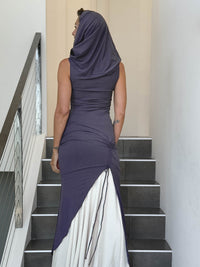 caraucci women's steel grey full length tunic with adjustable side ruching and a loose cowl neck that can be worn as a hood or over the shoulders #color_steel