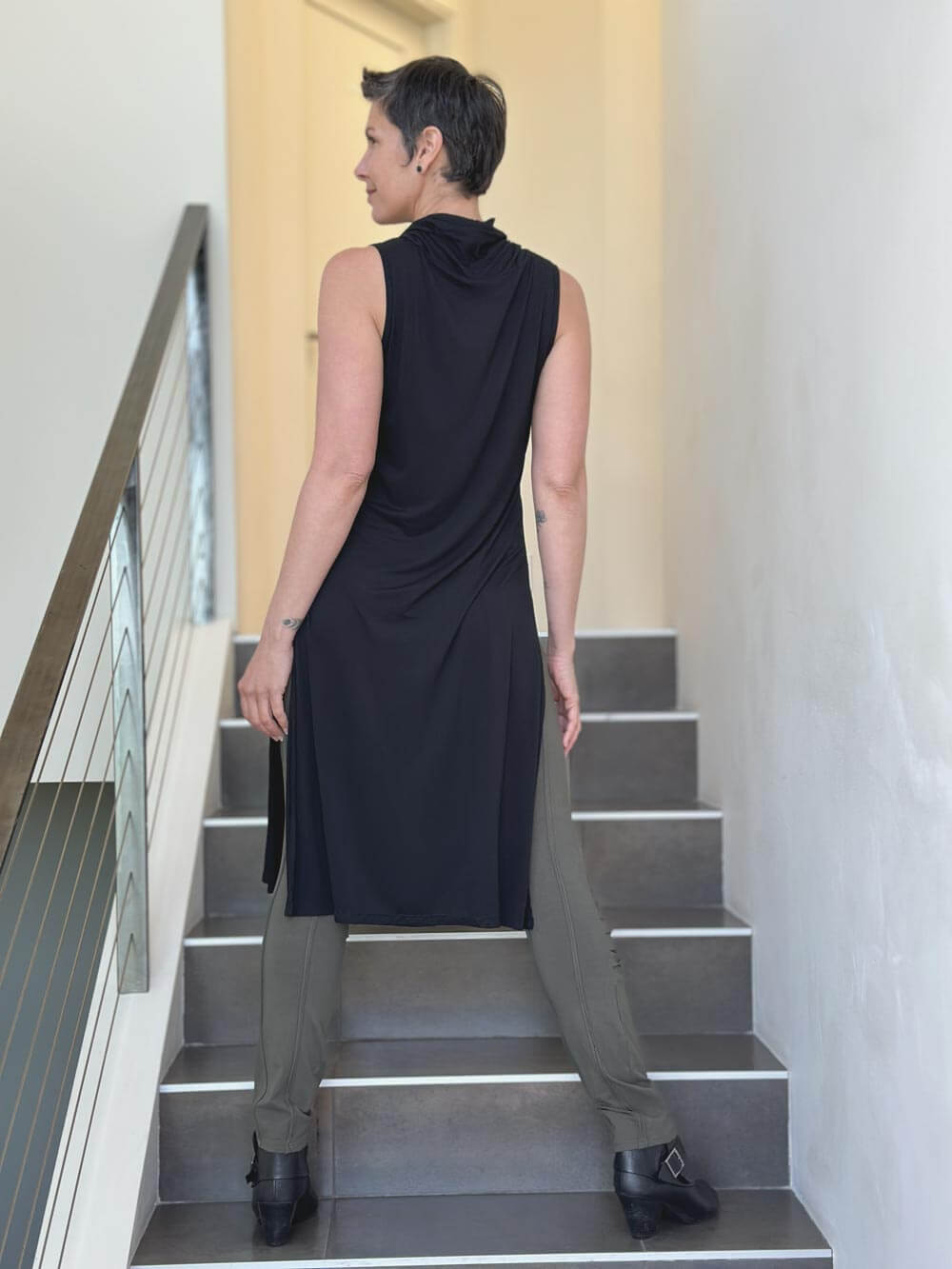 caraucci black cowl neck side slit sleeveless tunic #color_black