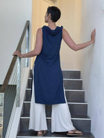 caraucci navy blue cowl neck side slit sleeveless tunic #color_navy