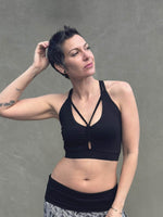 caraucci stretchy full coverage black yoga bra top with criss cross back straps #color_black
