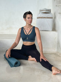 caraucci stretchy full coverage teal blue yoga bra top with criss cross back straps #color_teal