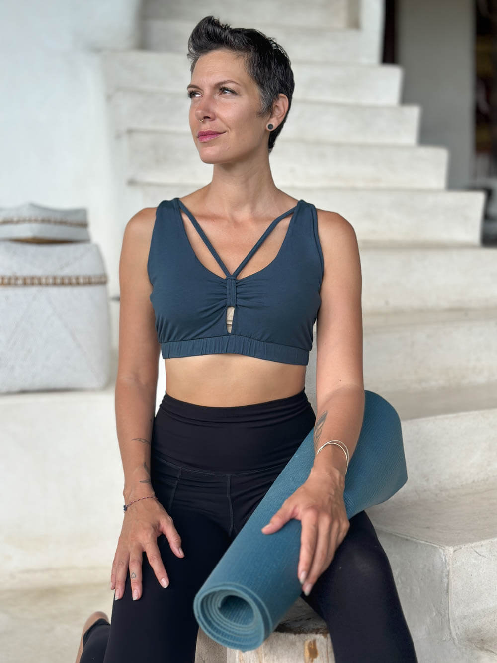 caraucci stretchy full coverage teal blue yoga bra top with criss cross back straps #color_teal