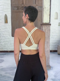 caraucci stretchy full coverage burnt cream yoga bra top with criss cross back straps #color_cream
