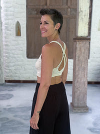 caraucci stretchy full coverage burnt cream yoga bra top with criss cross back straps #color_cream
