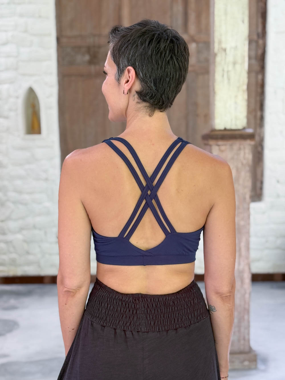 caraucci stretchy full coverage navy blue yoga bra top with criss cross back straps #color_navy
