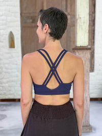caraucci stretchy full coverage navy blue yoga bra top with criss cross back straps #color_navy