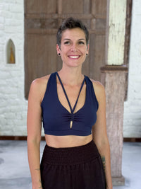 caraucci stretchy full coverage navy blue yoga bra top with criss cross back straps #color_navy