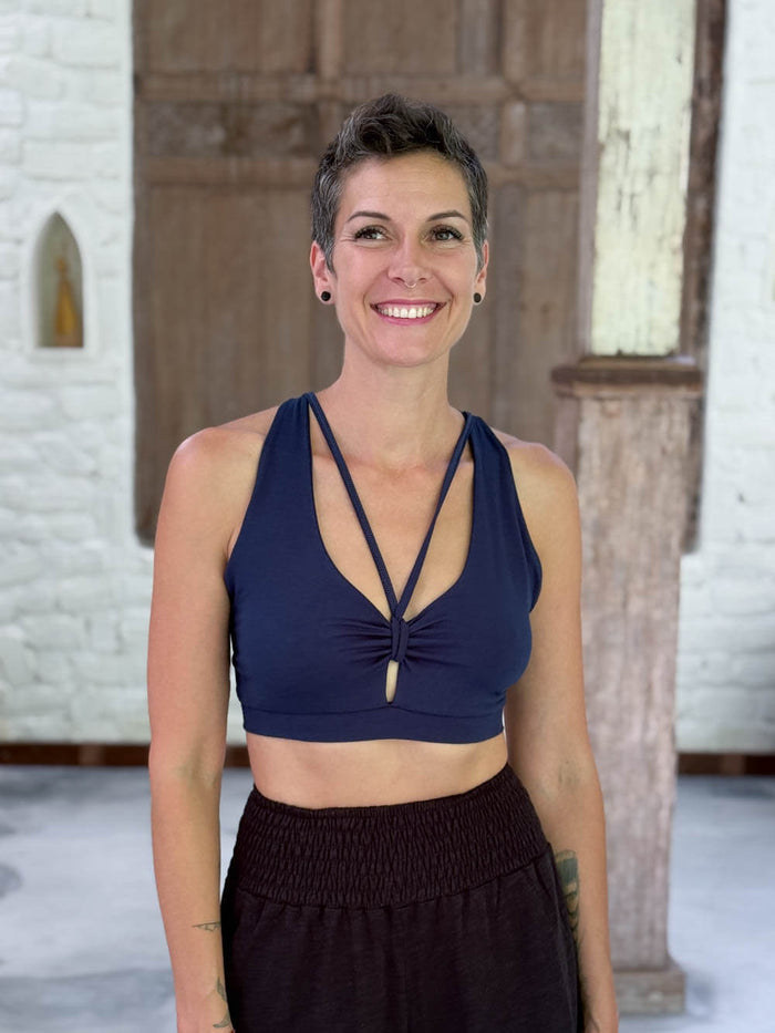 caraucci stretchy full coverage navy blue yoga bra top with criss cross back straps #color_navy