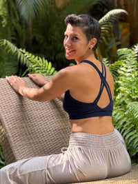 caraucci stretchy full coverage navy blue yoga bra top with criss cross back straps #color_navy