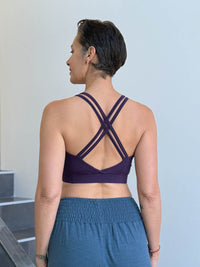 caraucci stretchy full coverage purple yoga bra top with criss cross back straps #color_plum