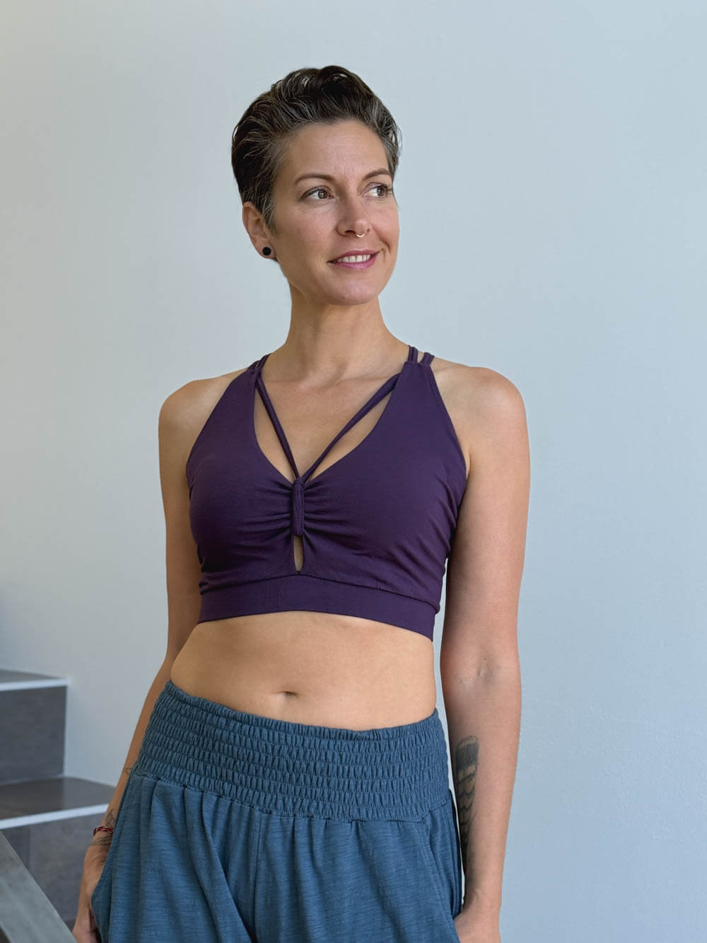 caraucci stretchy full coverage purple yoga bra top with criss cross back straps #color_plum