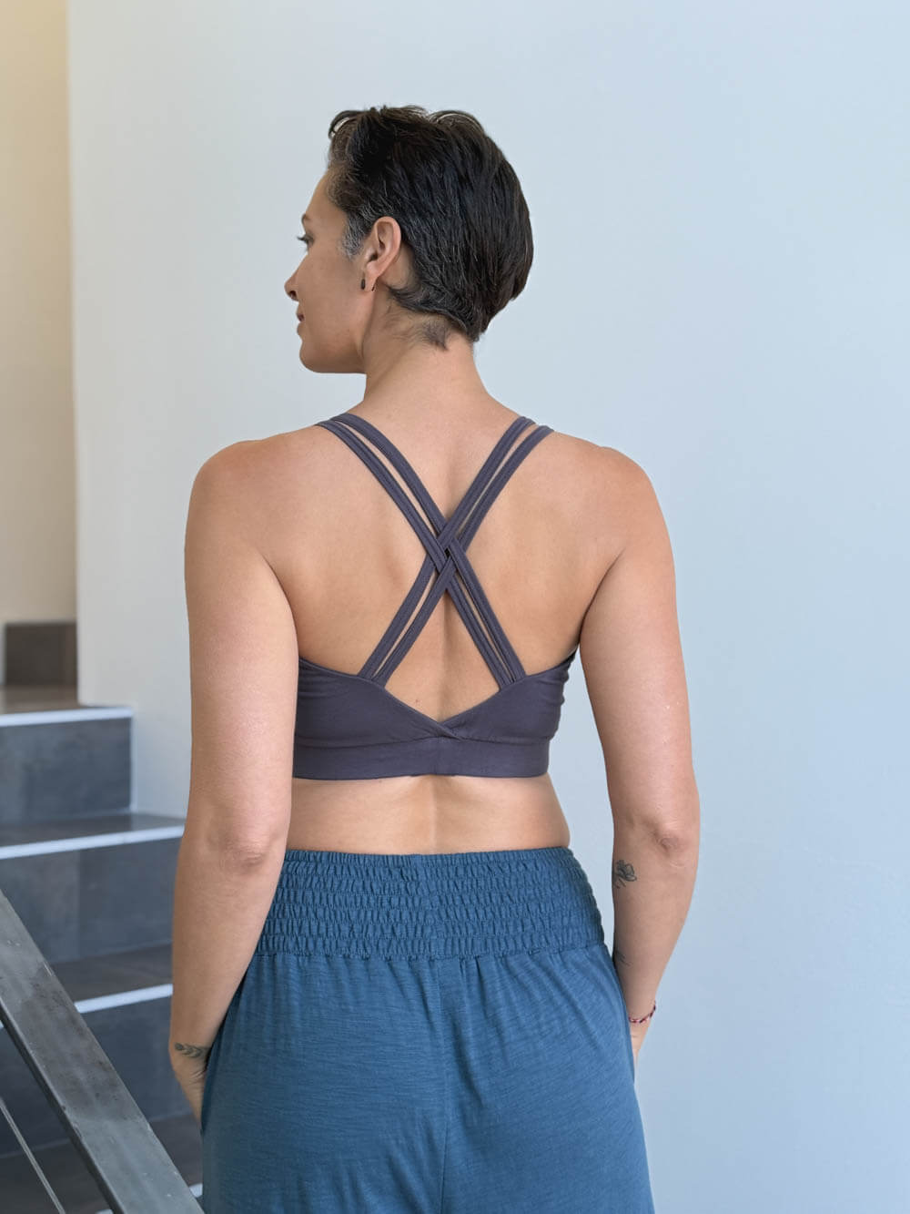 caraucci stretchy full coverage steel gray yoga bra top with criss cross back straps #color_steel
