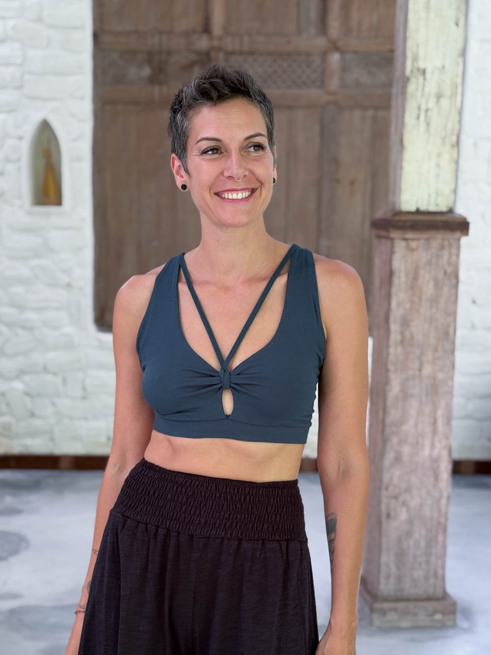 caraucci stretchy full coverage teal blue yoga bra top with criss cross back straps #color_teal