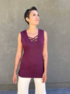 women's plant based rayon jersey sleeveless top with criss cross front detail #color_jam