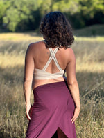 caraucci stretchy full coverage cream yoga bra top with criss cross back straps #color_cream