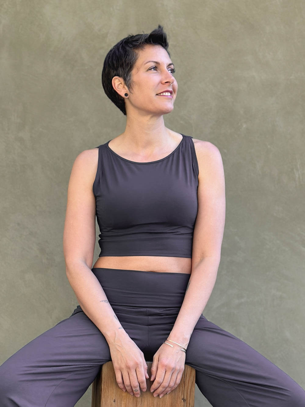 caraucci plant-based fitted steel grey boatneck crop top #color_steel