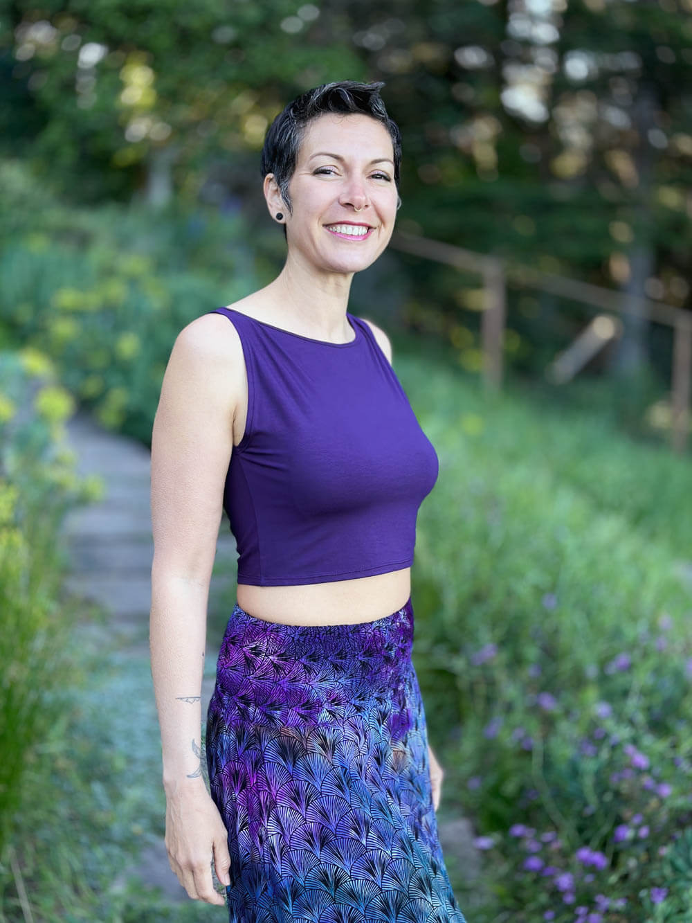 caraucci plant-based fitted purple boatneck crop top #color_plum