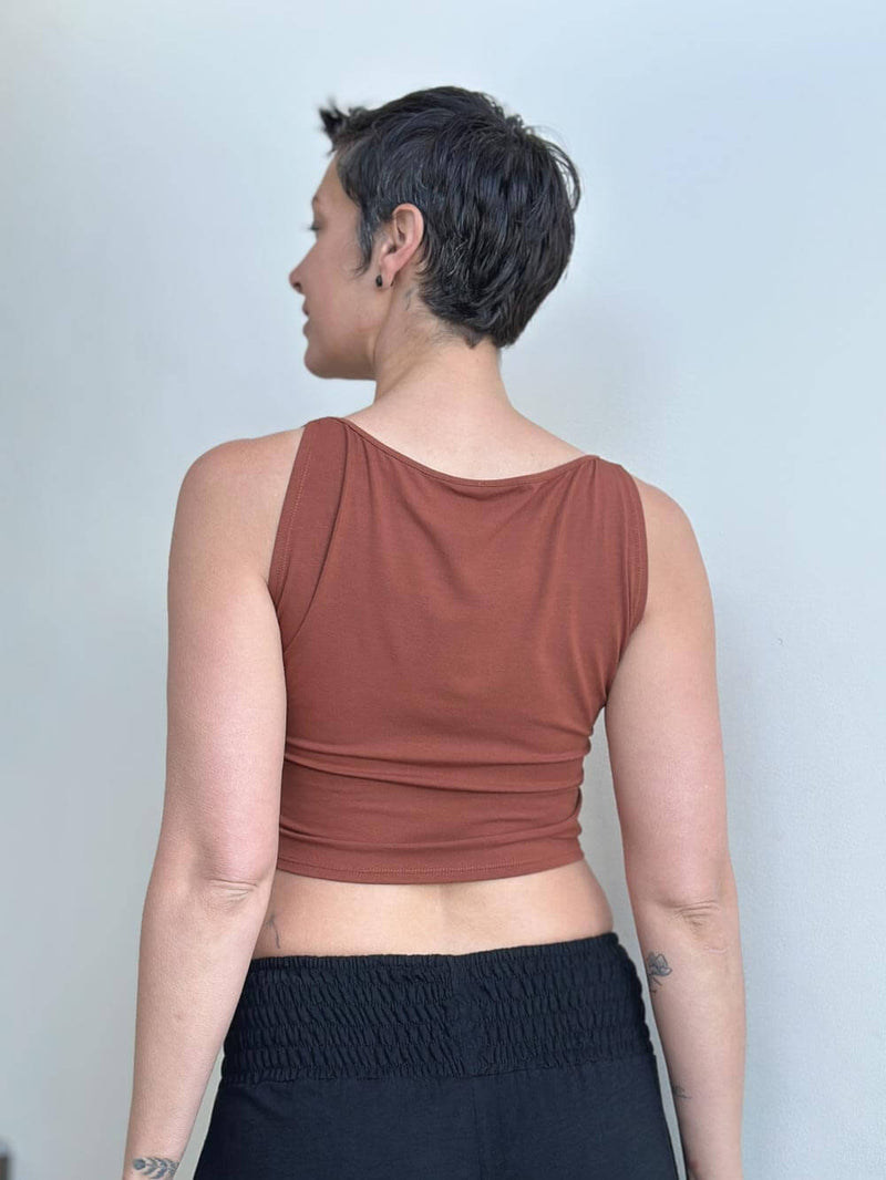 caraucci plant-based fitted orange boatneck crop top #color_copper