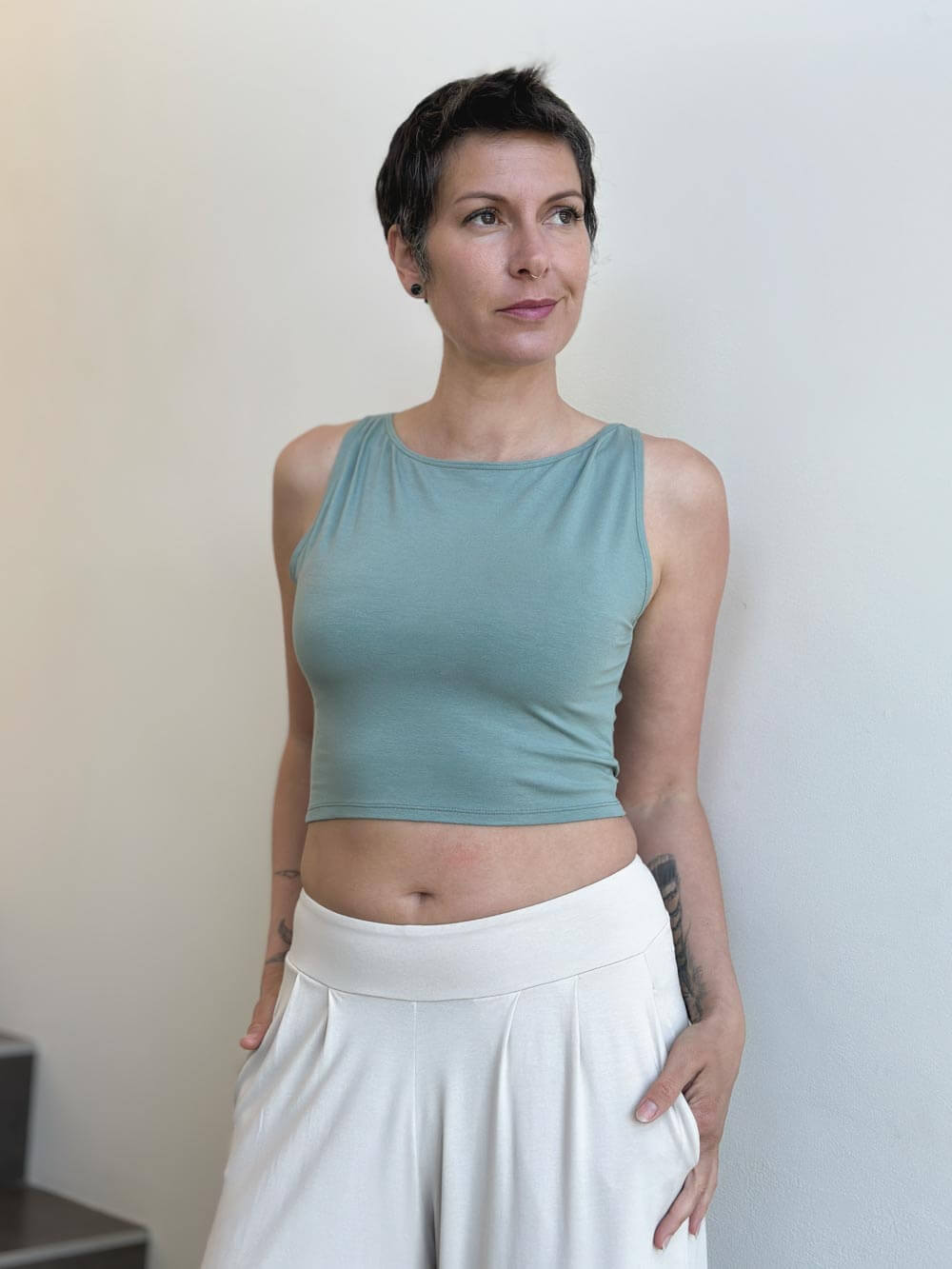 caraucci plant-based fitted sage green boatneck crop top #color_moss