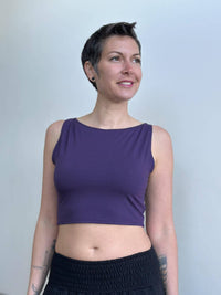 caraucci plant-based fitted purple boatneck crop top #color_plum