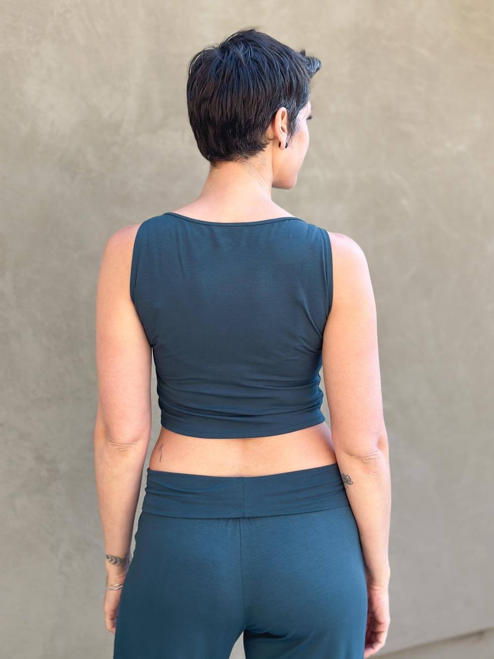 caraucci plant-based fitted teal blue boatneck crop top #color_teal