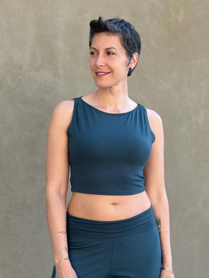 caraucci plant-based fitted teal blue boatneck crop top #color_teal