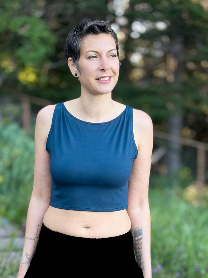 caraucci plant-based fitted teal blue boatneck crop top #color_teal