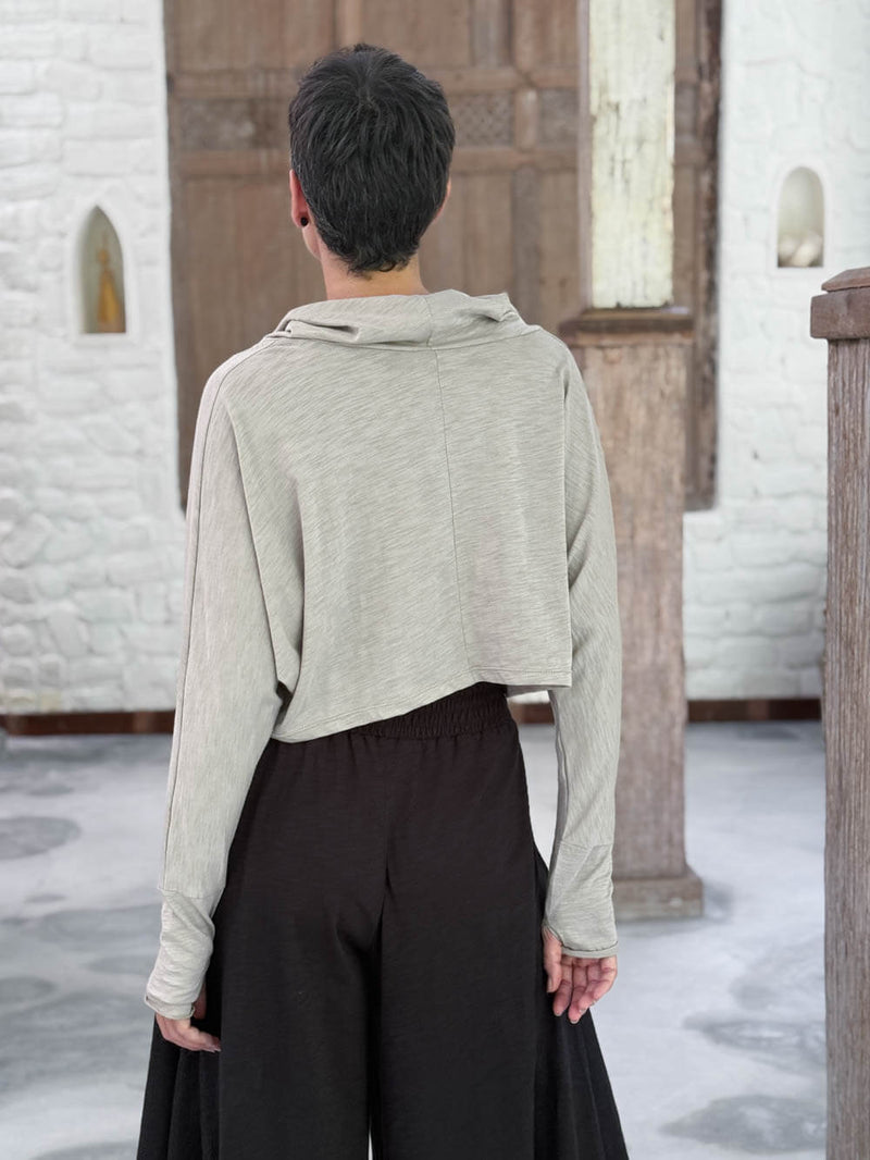 caraucci cotton cowl neck long sleeve cropped layering top in soft muted stone #color_sahara