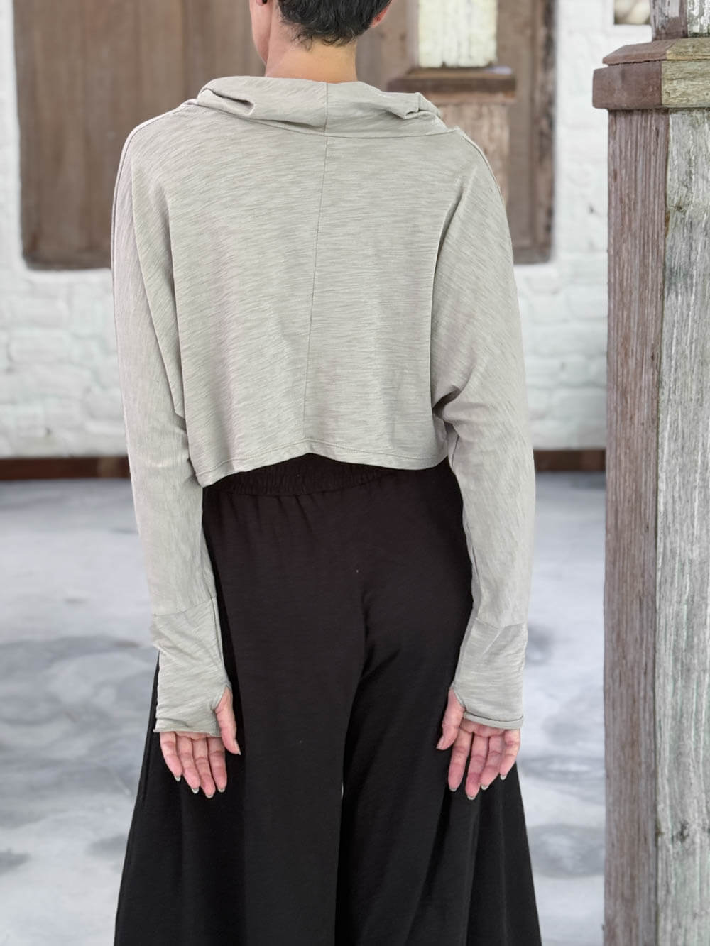caraucci cotton cowl neck long sleeve cropped layering top in soft muted stone #color_sahara