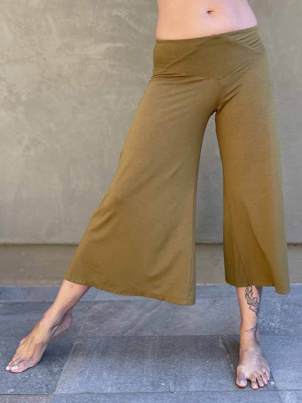 caraucci women's plant-based rayon jersey cropped brass wide leg pants #color_brass