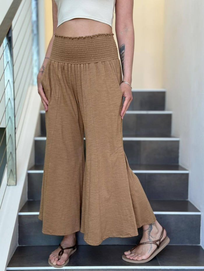 caraucci golden brown cotton cropped pocket flare pants with smocked stretchy waistband #color_camel