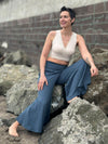 caraucci blue grey cotton cropped pocket flare pants with smocked stretchy waistband #color_carbon