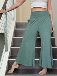 caraucci sage green cotton cropped pocket flare pants with smocked stretchy waistband #color_matcha