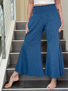 caraucci denim blue cotton cropped pocket flare pants with smocked stretchy waistband #color_pacific